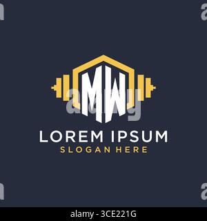 Initial MW logo design for fitness center with creative dumbbell geometric style vector graphic Stock Vector