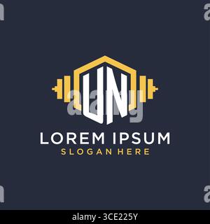 Initial UN logo design for fitness center with creative dumbbell geometric style vector graphic Stock Vector