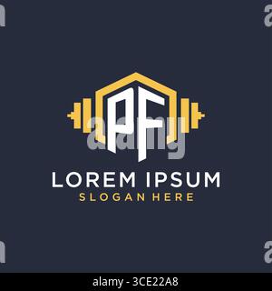 Initial PF logo design for fitness center with creative dumbbell geometric style vector graphic Stock Vector