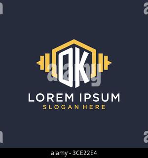 Initial OK logo design for fitness center with creative dumbbell geometric style vector graphic Stock Vector