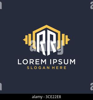 Initial RR logo design for fitness center with creative dumbbell geometric style vector graphic Stock Vector
