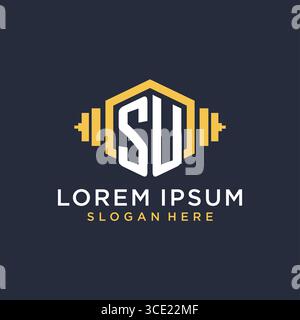 Initial SU logo design for fitness center with creative dumbbell geometric style vector graphic Stock Vector