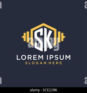 Initial SK logo design for fitness center with creative dumbbell geometric style vector graphic Stock Vector