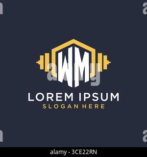 Initial WM logo design for fitness center with creative dumbbell geometric style vector graphic Stock Vector