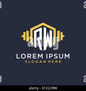 Initial RW logo design for fitness center with creative dumbbell geometric style vector graphic Stock Vector