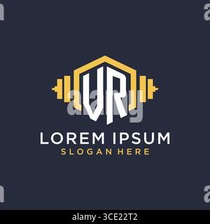 Initial VR logo design for fitness center with creative dumbbell geometric style vector graphic Stock Vector