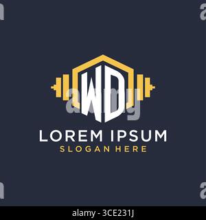 Initial WD logo design for fitness center with creative dumbbell geometric style vector graphic Stock Vector