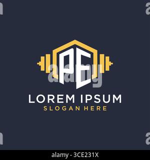 Initial PE logo design for fitness center with creative dumbbell geometric style vector graphic Stock Vector