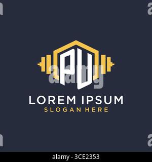 Initial PU logo design for fitness center with creative dumbbell geometric style vector graphic Stock Vector