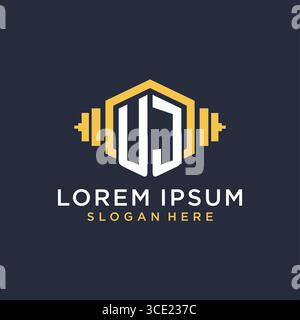 Initial UJ logo design for fitness center with creative dumbbell geometric style vector graphic Stock Vector