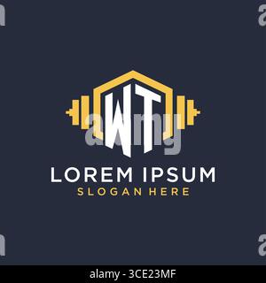 Initial WT logo design for fitness center with creative dumbbell geometric style vector graphic Stock Vector