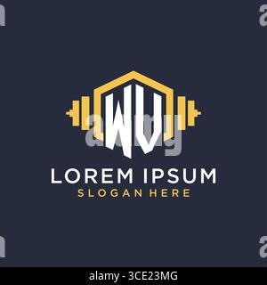 Initial WV logo design for fitness center with creative dumbbell geometric style vector graphic Stock Vector