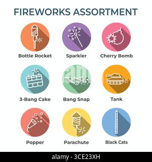 Fireworks with Independence Day Icon Set Stock Vector