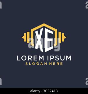 Initial XE logo design for fitness center with creative dumbbell geometric style vector graphic Stock Vector