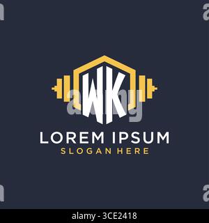 Initial WK logo design for fitness center with creative dumbbell geometric style vector graphic Stock Vector
