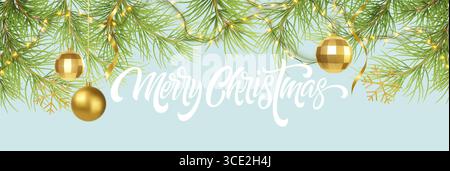Vector Illustration Concept Featuring Festive Green Pine Branches Decorated With Golden Ornaments and Text Inscription Merry Christmas, Set Against a Stock Vector