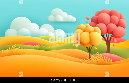 Colorful Vector Illustration Of A Vibrant Cartoon Nature Landscape With Rolling Hills, Trees, Clouds, And Grass, Featuring A Bright And Playful Art Stock Vector