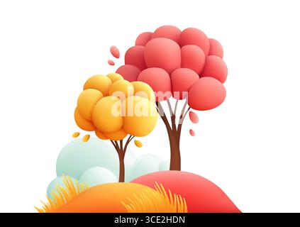 Bright Vector Illustration of Cartoon Style Trees with Rounded Shapes in Autumn Colors Against a White Background Stock Vector