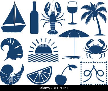 blue beach and tropical silhouettes – sailboat, palm tree, crab, seashells, fruit & more Stock Vector