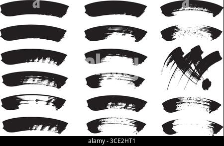 black brush strokes – 20 textured marks in grid layout, varied styles Stock Vector