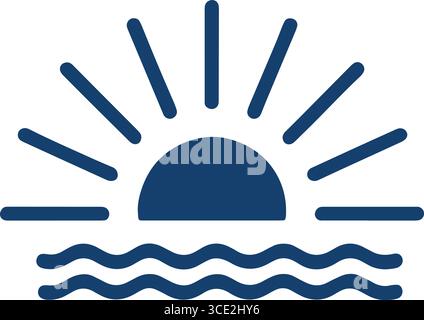 sunset silhouette over ocean – dark blue sun with rays and wavy water lines Stock Vector
