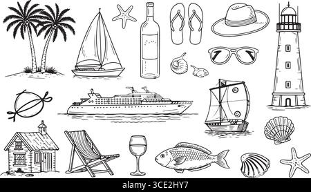 black and white beach vacation line art – palm trees, sailboats, seashells, sunglasses & more Stock Vector