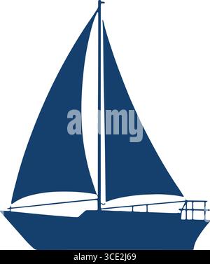 sailboat silhouette with cabin – dark blue nautical icon with two sails Stock Vector