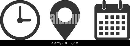 clock, location pin, and calendar icons – time, place, and date symbols Stock Vector