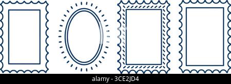 decorative frame set – scalloped, zigzag, sunburst borders on blue background Stock Vector