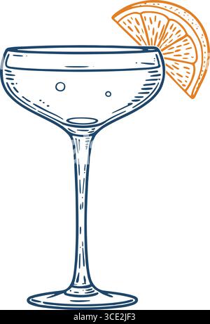 minimal cocktail glass with lemon garnish – line art on blue background Stock Vector