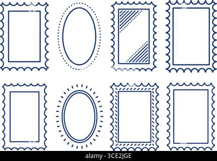 eight decorative blue picture frames in two rows with varied shapes and border designs Stock Vector