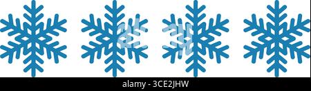 four identical blue snowflakes in horizontal line with intricate symmetrical design Stock Vector
