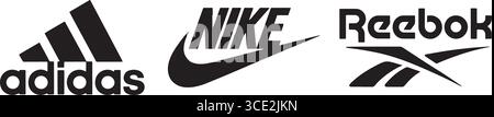 logos of Adidas, Nike, and Reebok — iconic global sportswear brand symbols Stock Vector