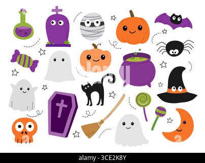 Halloween cute kawaii cartoon flat icon set. Stock Vector