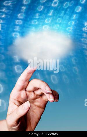 finger touching digital cloud on binary code background, cloud computing concept Stock Photo