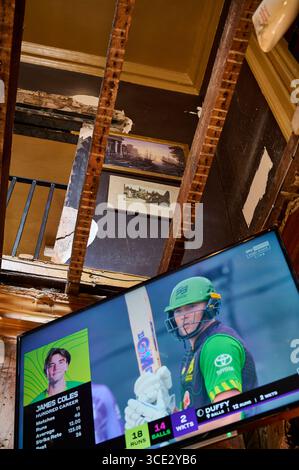 Interior of The Monro pub in Liverpool city centre,UK.A re-imagined 100 year old Dublin pub. Looking up  through the rafters to the floor above Stock Photo
