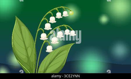 Elegant vector illustration of lily of the valley with soft green gradient backdrop, highlighting delicate white flowers and lush leaves Stock Vector