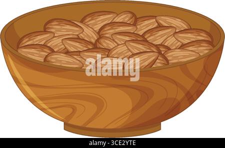 Realistic vector illustration of whole almonds in a round wooden bowl, using warm earthy tones and clean, detailed linework for a natural look Stock Vector