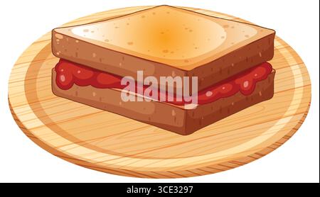 Vector illustration of a grilled sandwich filled with red jam, placed on a round wooden plate, rendered in a clean, cartoon style Stock Vector
