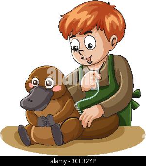 Cartoon-style vector illustration of a child sewing a plush platypus toy, using bright colors, clean lines, and a simple background Stock Vector