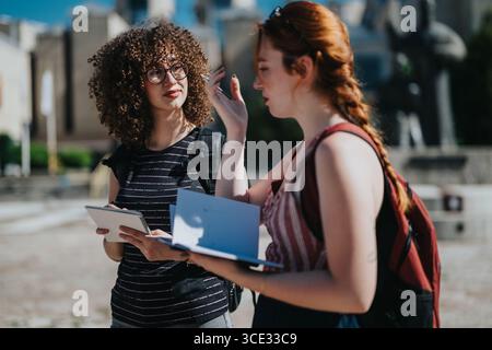 Two students discussing notes in a sunny outdoor courtyard area Stock Photo