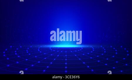 glowing blue light spreads across a cyber grid in digital space with particles floating, futuristic technology visualizing data connections and networ Stock Vector