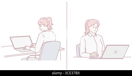 An illustration depicting two women deeply engaged in their work on laptops, highlighting modern office dynamics Stock Vector