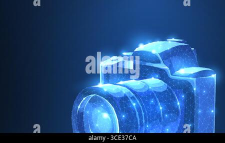 Camera. Abstract 3d polygonal wireframe modern professional camera isolated on blue. Stock Vector