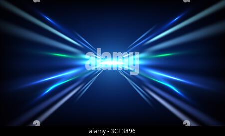 Symmetrical futuristic technology background with glowing neon blue and teal light beams converging at center, evoking speed, digital energy, and cybe Stock Vector