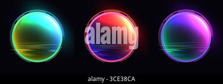 Set of neon futuristic circular frames glow with vibrant spectrum colors, set against a black background with horizontal light streaks for a sleek hig Stock Vector