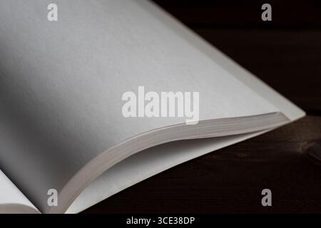 Minimalist close-up of an open blank book with curved pages on a dark wooden surface. Ideal background or concept image for writing, education, or cre Stock Photo