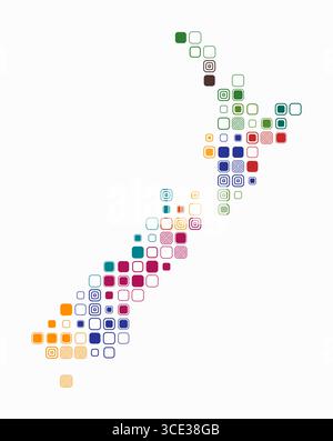 New Zealand, shape of the country built of colored cells. Digital style map of New Zealand on white background. Large size rounded square blocks. Stock Vector