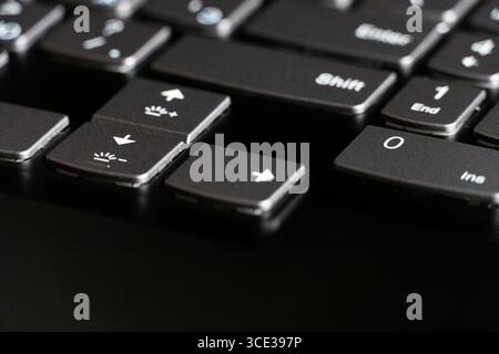 A detailed close-up of a computer keyboard highlighting arrow, Shift, Enter, and numeric keys Stock Photo