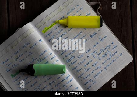 Flat lay of a handwritten notebook with blue ink text and highlighters on a wooden desk. Study materials, learning process, or programming concepts ca Stock Photo